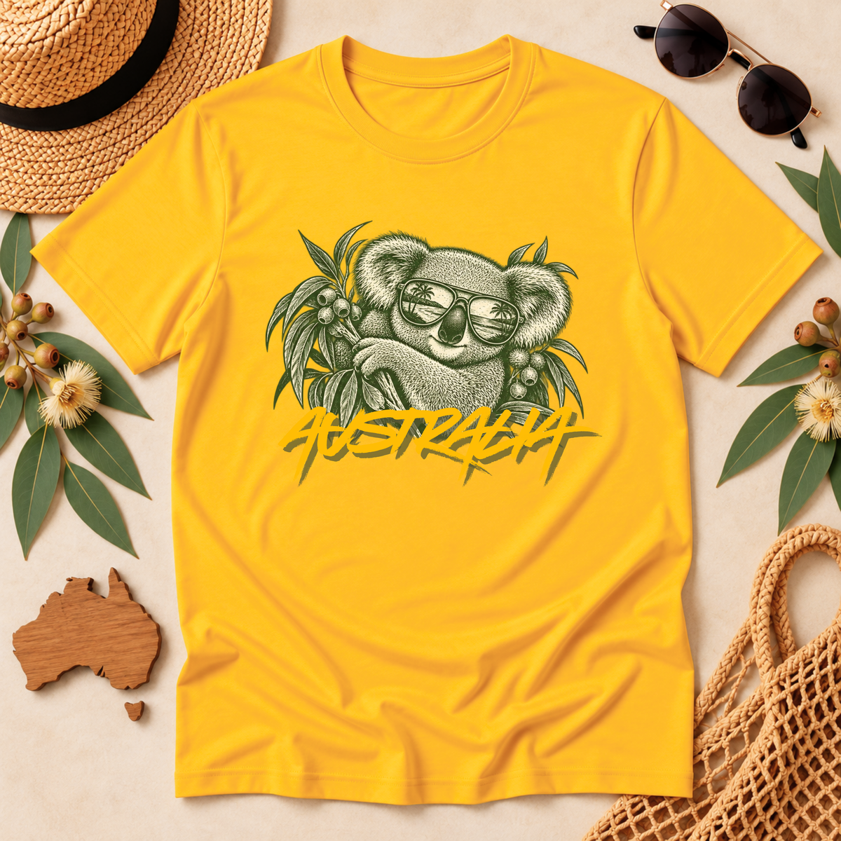 Australia Koala T-Shirt – Sunglasses & Eucalyptus Design