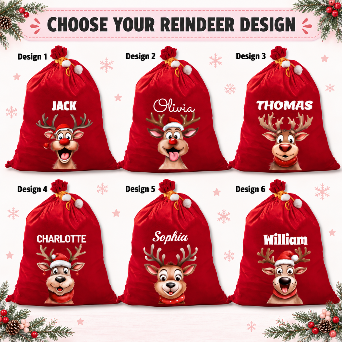 Personalised Reindeer Red Velvet Santa Sack with Name