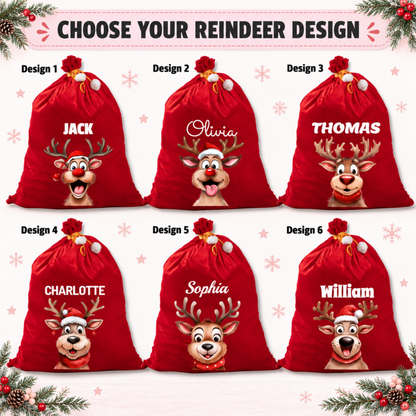 Personalised Reindeer Red Velvet Santa Sack with Name