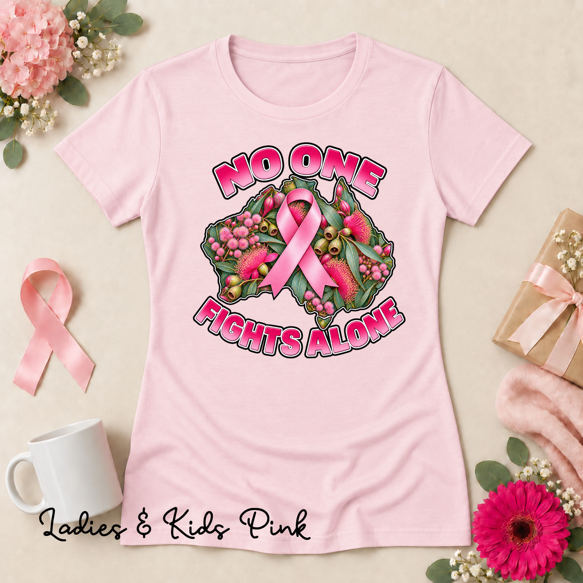 No One Fights Alone Australian Floral Design Breast Cancer Awareness Shirt