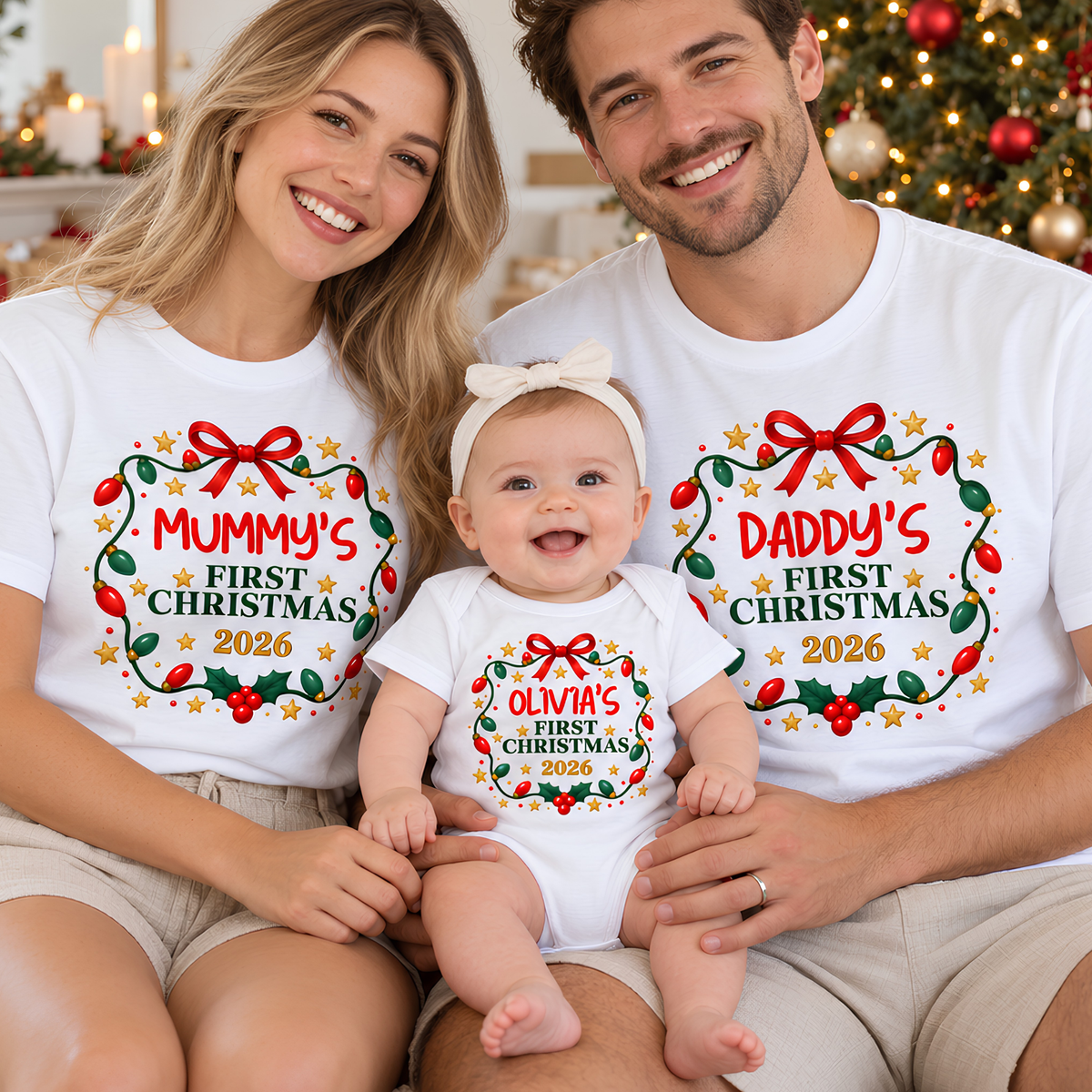 Personalised First Christmas Family T-Shirts & Baby Onesie – Christmas Lights