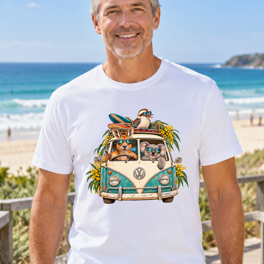 Aussie Road Trip T-Shirt – Australian Animals & Retro Campervan