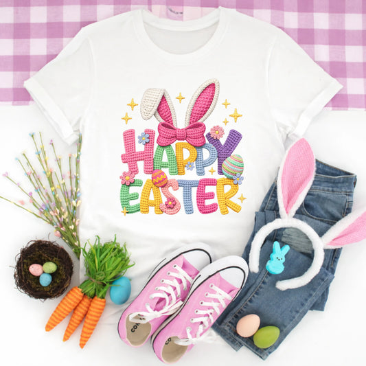 Faux Crochet Knitted Happy Easter T-Shirt