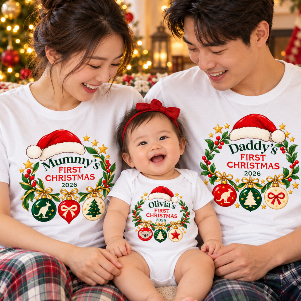 Personalised First Christmas Family Shirts & Baby Onesie – Aussie Baubles