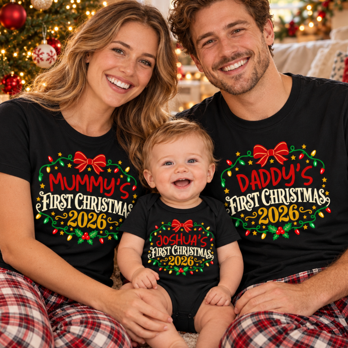 Personalised First Christmas Family Shirts & Baby Onesie – Vintage Lights