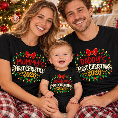 Personalised First Christmas Family Shirts & Baby Onesie – Vintage Lights