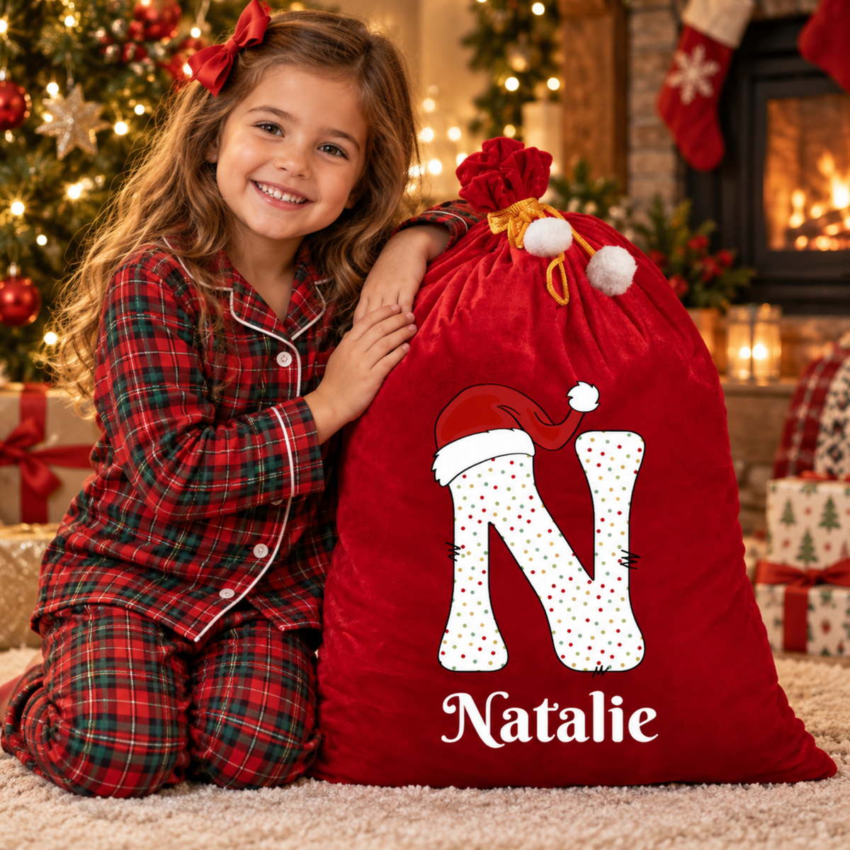 Personalised Initial Red Velvet Santa Sack with Name