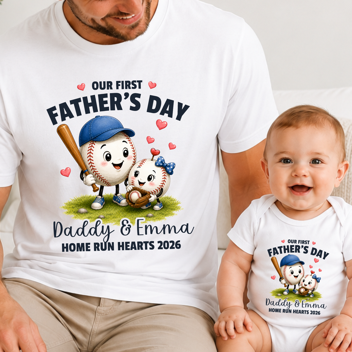 Personalised Baseball Daddy & Me First Father's Day Matching Set | Home Run Hearts