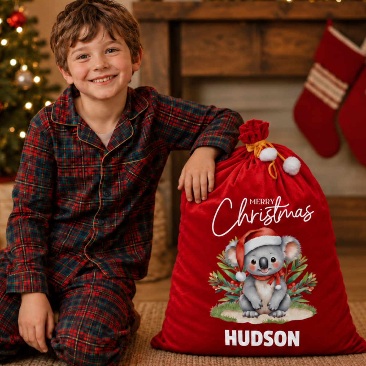 Personalised Australian Animal Red Velvet Santa Sack