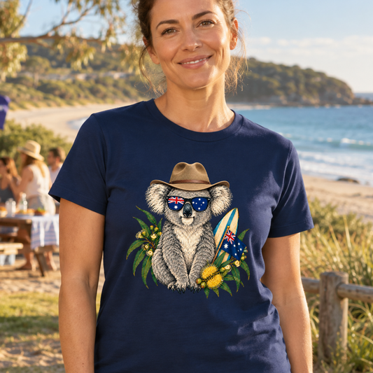 Aussie Koala T-Shirt – Australian Flag & Surfboard Design
