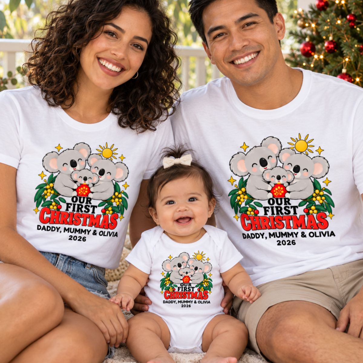 Personalised Our First Christmas Koala Family T-Shirts & Baby Onesie
