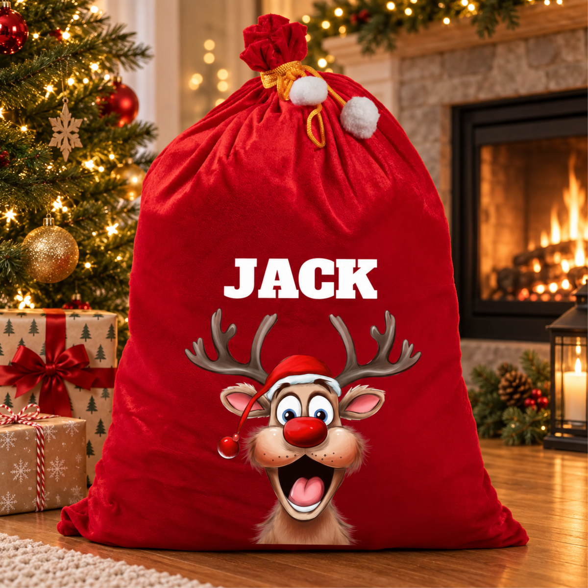 Personalised Reindeer Red Velvet Santa Sack with Name