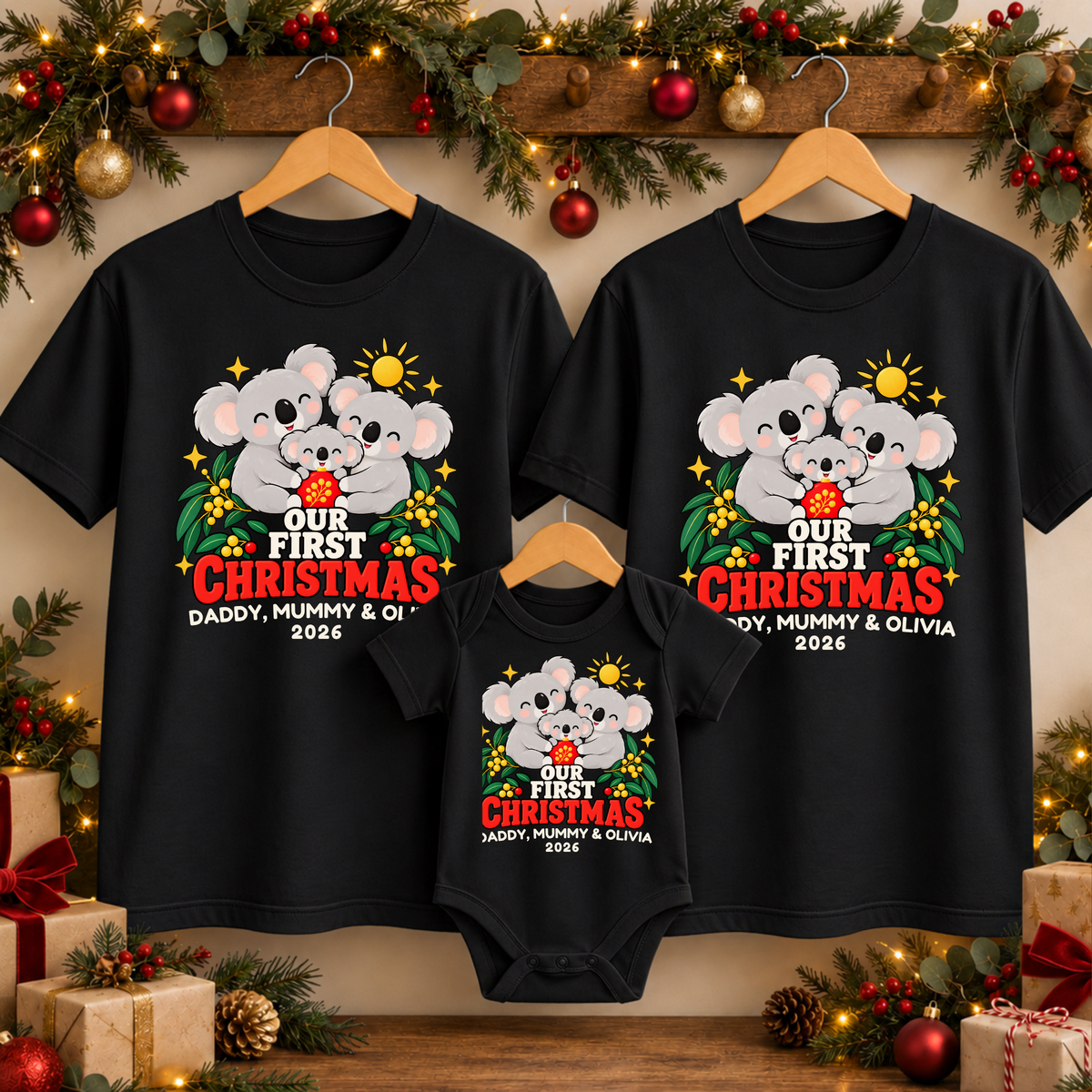 Personalised Our First Christmas Koala Family T-Shirts & Baby Onesie
