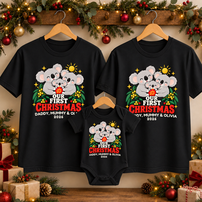 Personalised Our First Christmas Koala Family T-Shirts & Baby Onesie