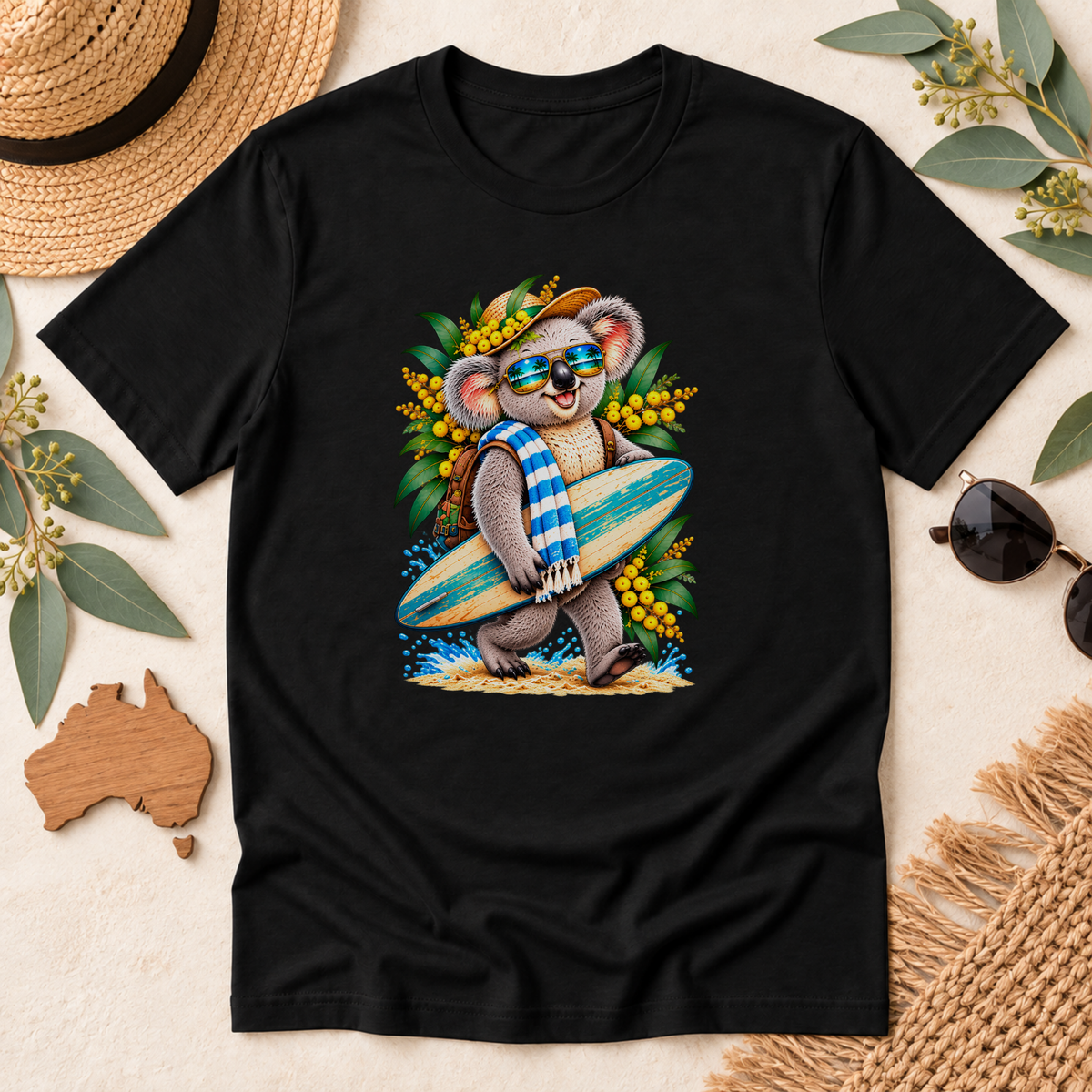 Surfing Koala T-Shirt – Australian Beach & Wattle Design