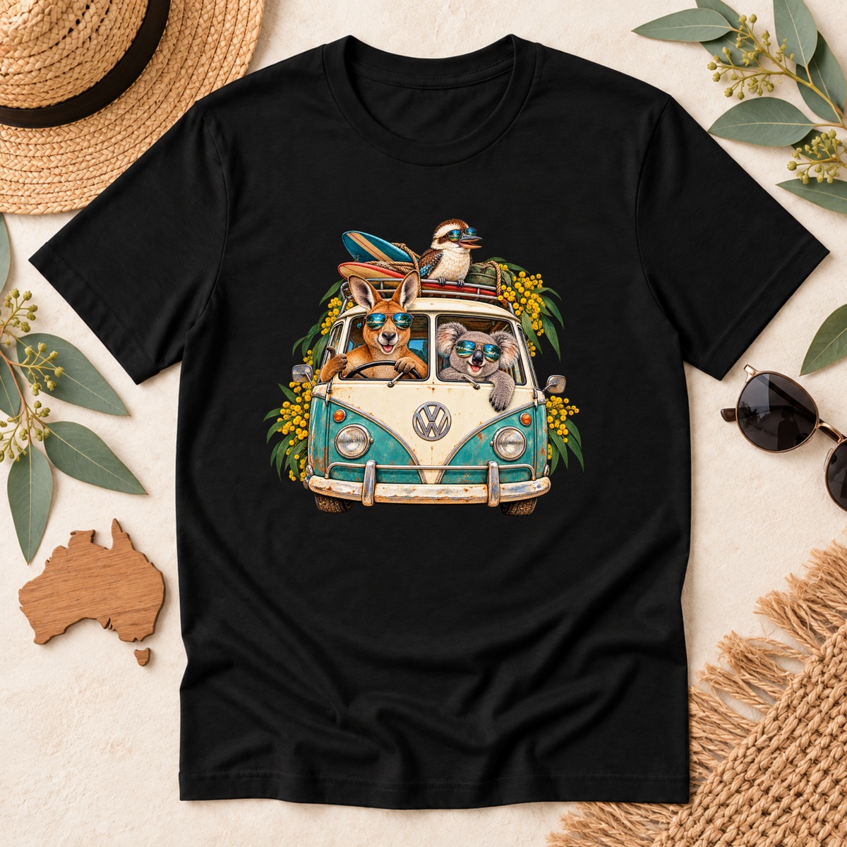 Aussie Road Trip T-Shirt – Australian Animals & Retro Campervan