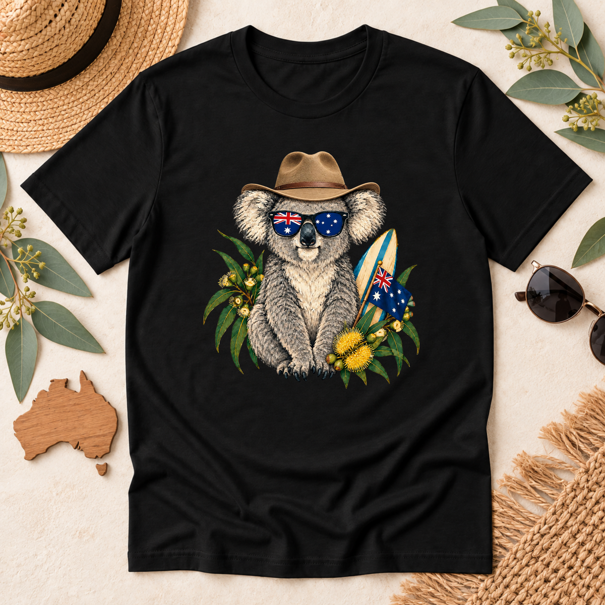 Aussie Koala T-Shirt – Australian Flag & Surfboard Design