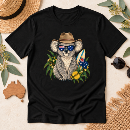 Aussie Koala T-Shirt – Australian Flag & Surfboard Design