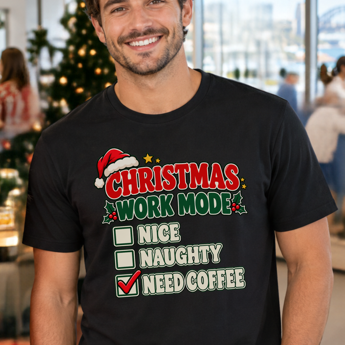 Christmas Work Mode T-Shirt – Funny Need Coffee Christmas Tee