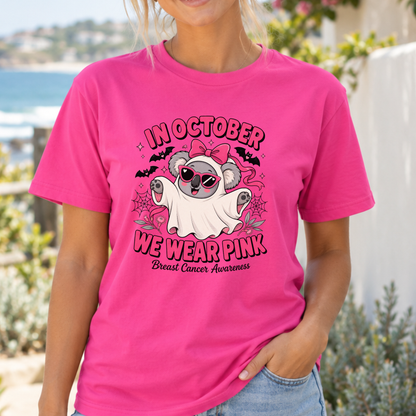 In October We Wear Pink Koala Ghost Breast Cancer Awareness Shirt