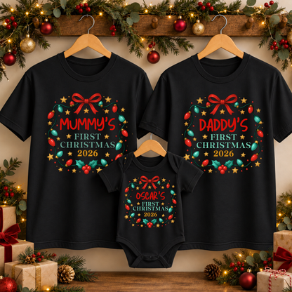 Personalised First Christmas Family T-Shirts & Baby Onesie – Christmas Lights