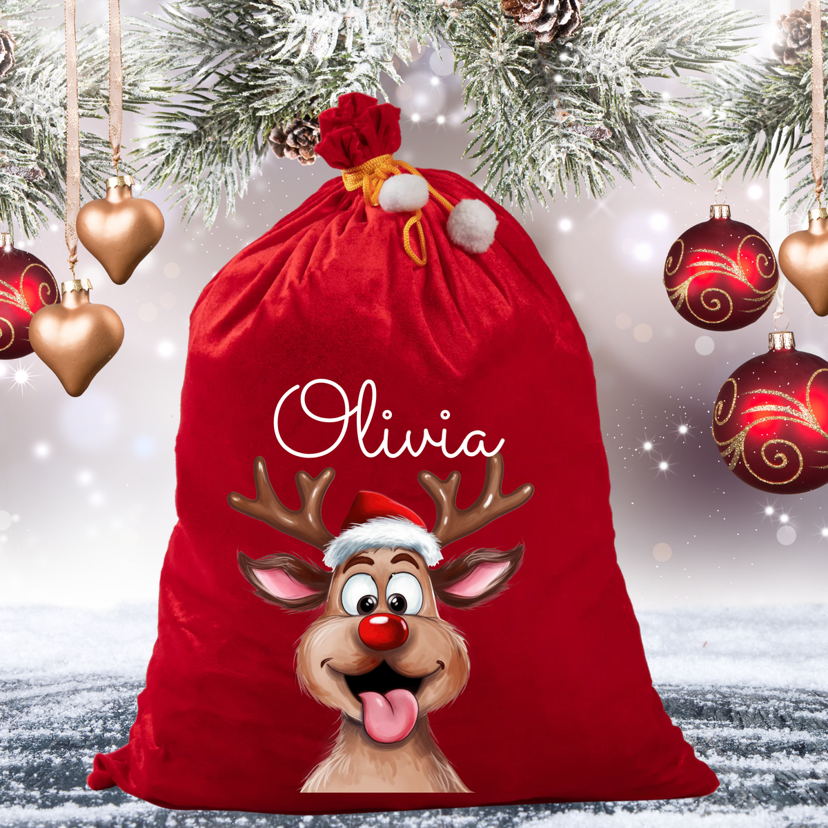 Personalised Reindeer Red Velvet Santa Sack with Name