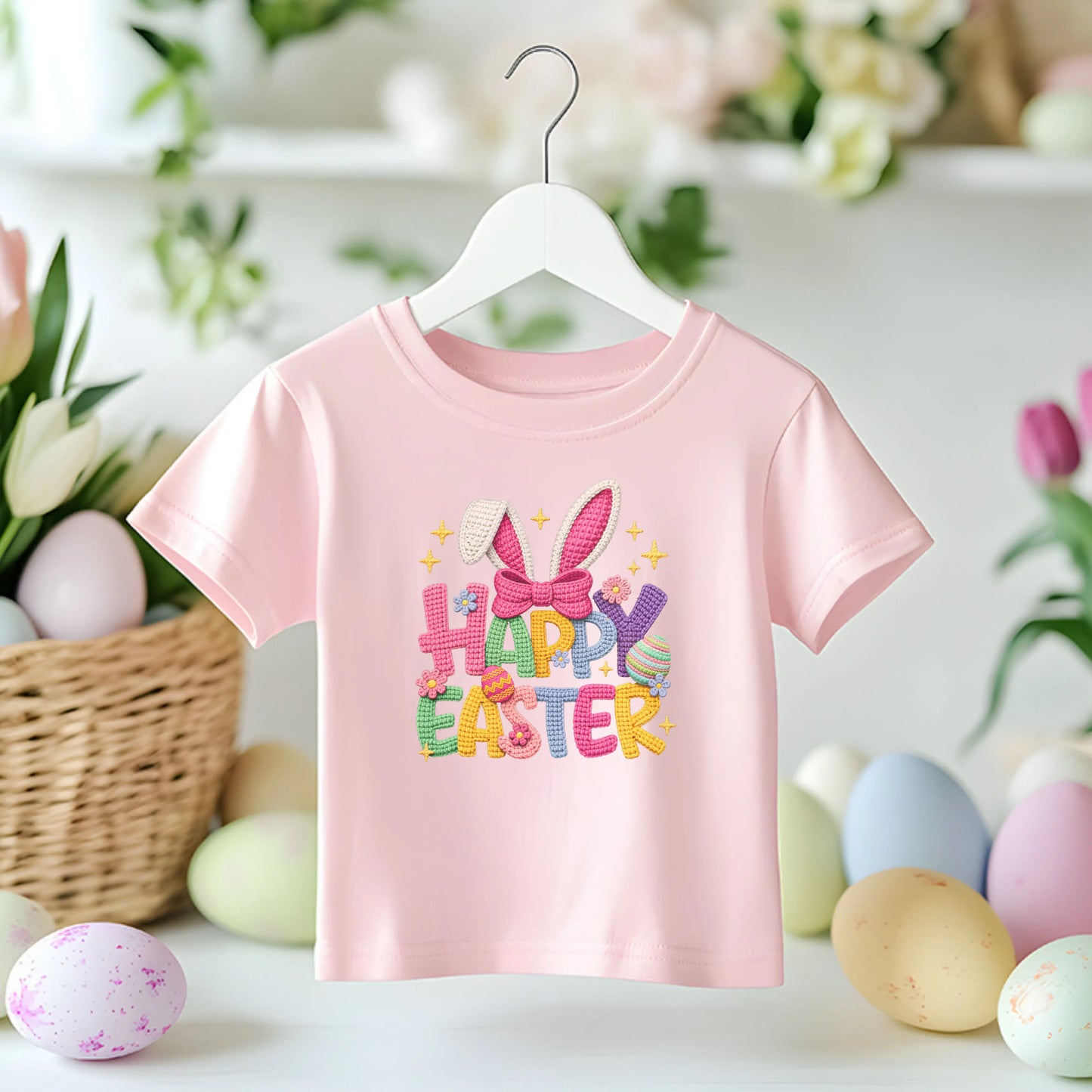 Faux Crochet Knitted Happy Easter T-Shirt