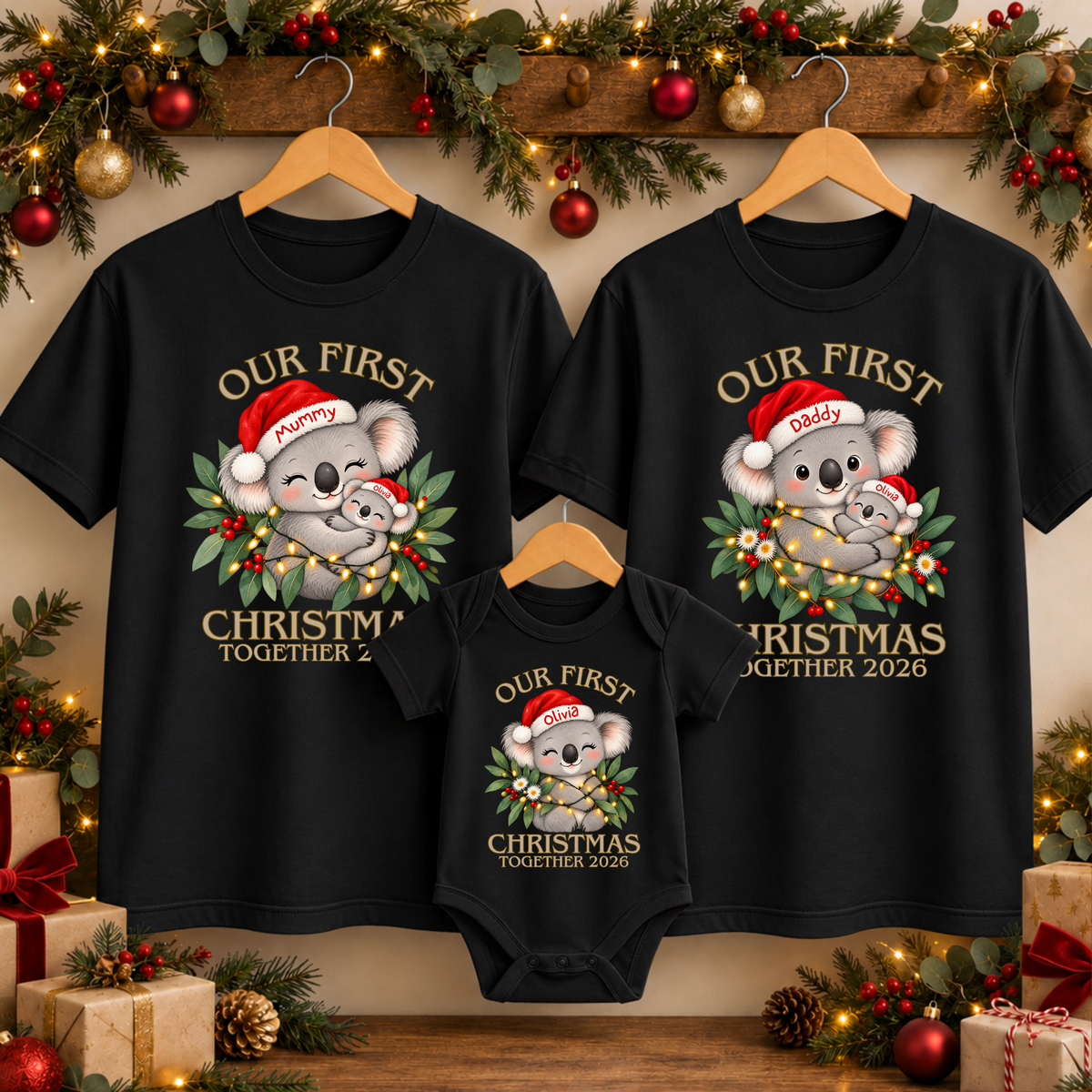 Personalised First Christmas Together Koala Family Shirts & Baby Onesie