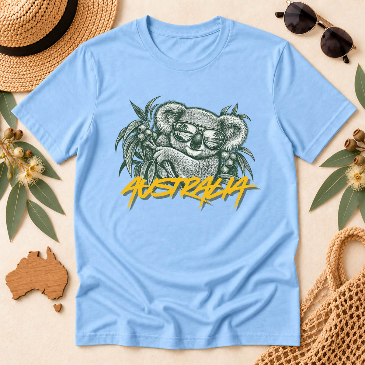 Australia Koala T-Shirt – Sunglasses & Eucalyptus Design