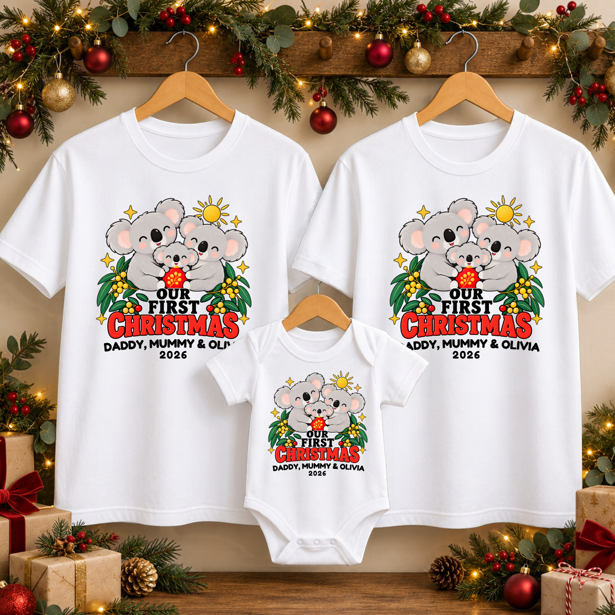 Personalised Our First Christmas Koala Family T-Shirts & Baby Onesie