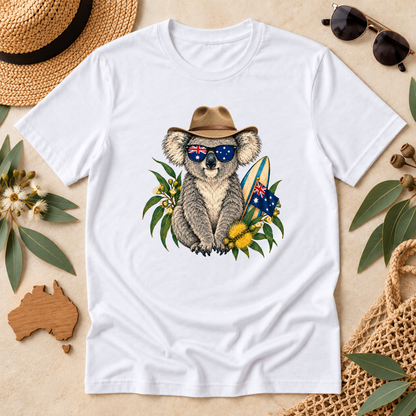 Aussie Koala T-Shirt – Australian Flag & Surfboard Design
