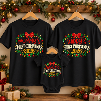 Personalised First Christmas Family Shirts & Baby Onesie – Vintage Lights