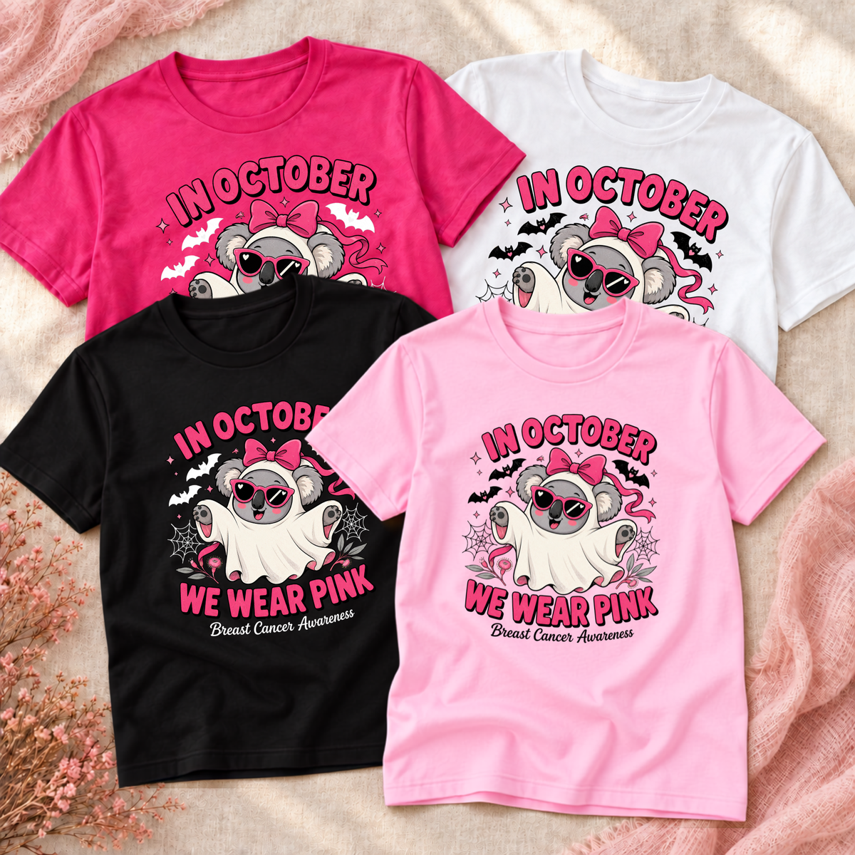 In October We Wear Pink Koala Ghost Breast Cancer Awareness Shirt