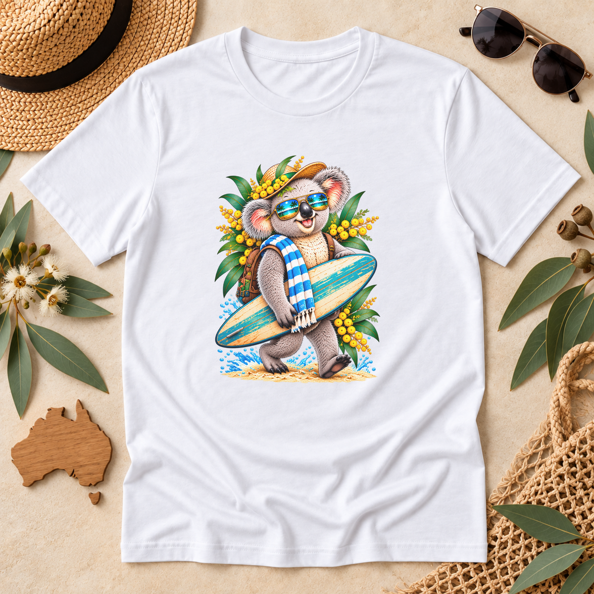 Surfing Koala T-Shirt – Australian Beach & Wattle Design