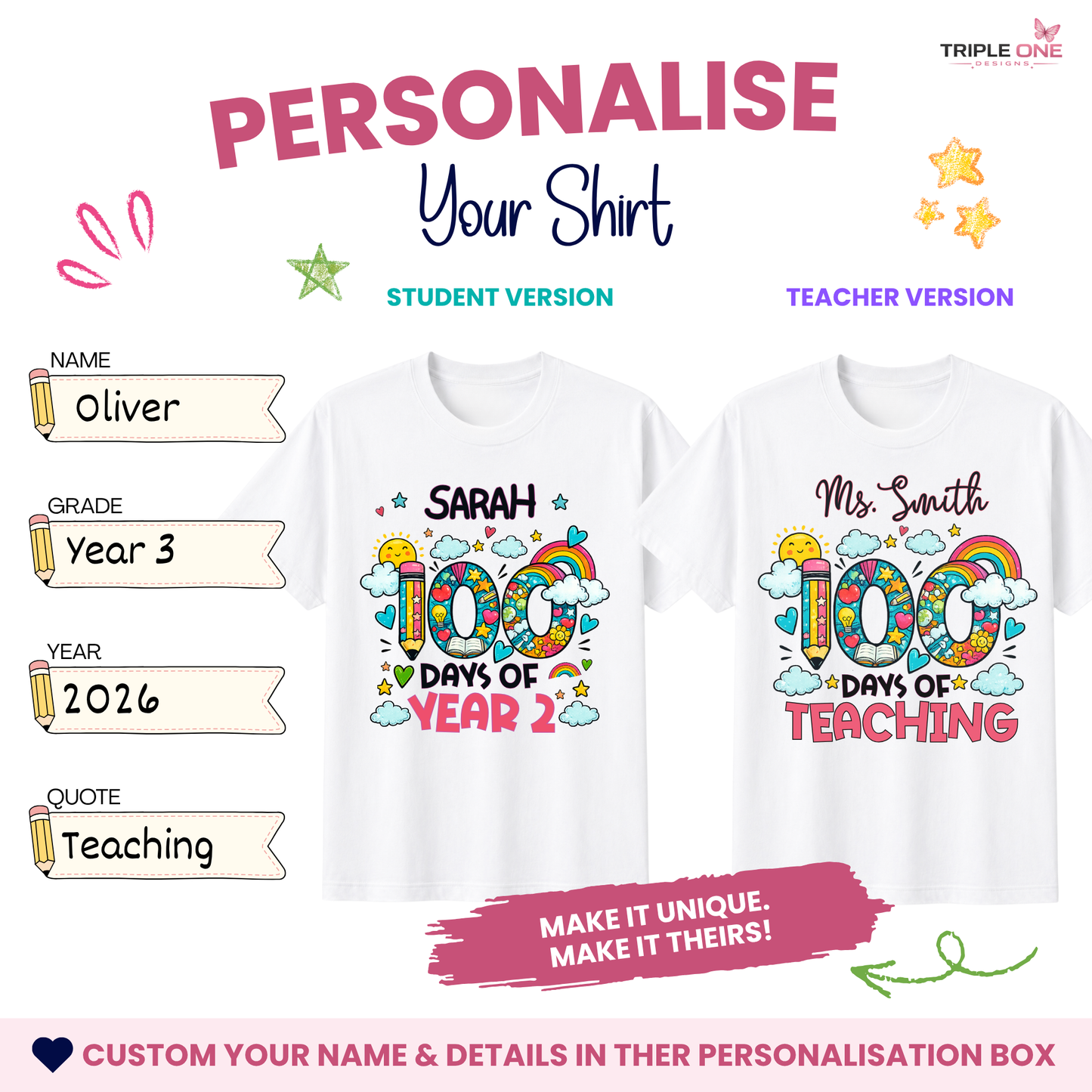 Personalised 100 Days of School Teacher Shirt