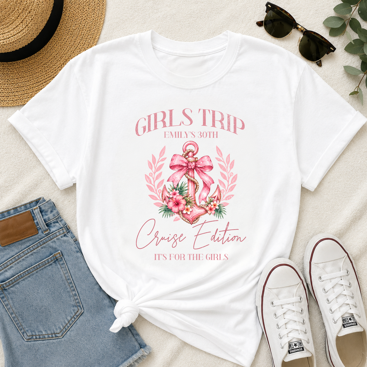 Personalised Girls Trip Cruise T-Shirt – Birthday Anchor & Bow