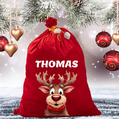 Personalised Reindeer Red Velvet Santa Sack with Name