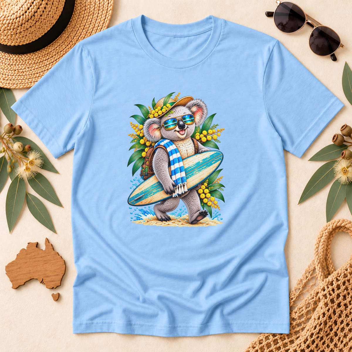 Surfing Koala T-Shirt – Australian Beach & Wattle Design