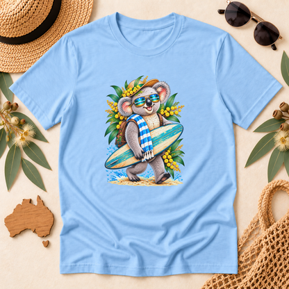 Surfing Koala T-Shirt – Australian Beach & Wattle Design