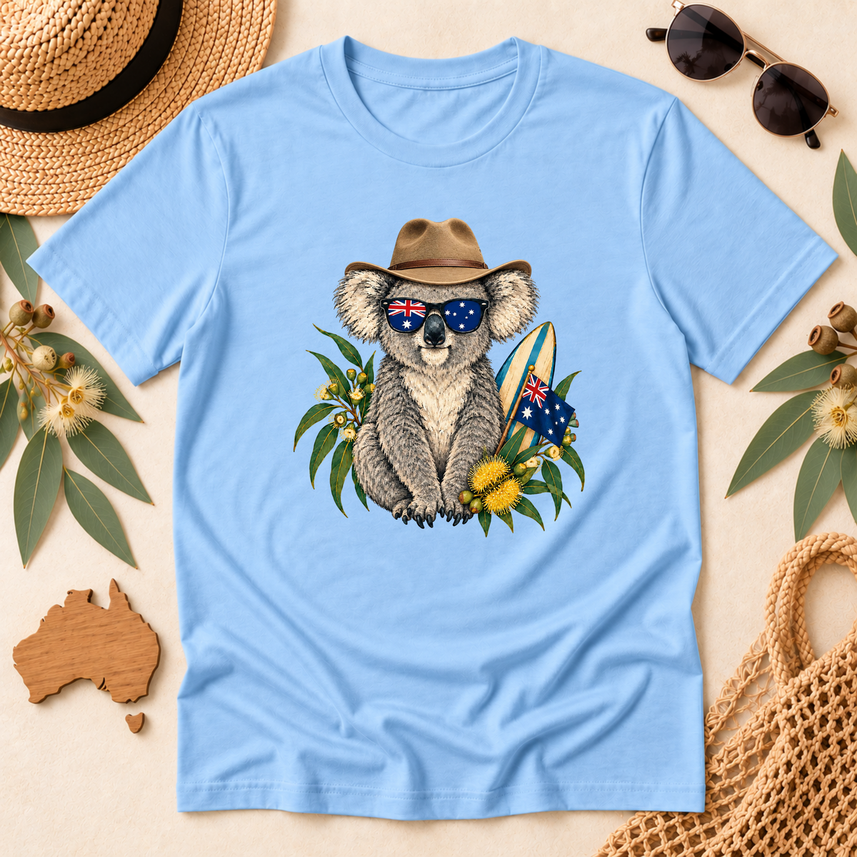 Aussie Koala T-Shirt – Australian Flag & Surfboard Design
