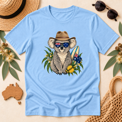 Aussie Koala T-Shirt – Australian Flag & Surfboard Design