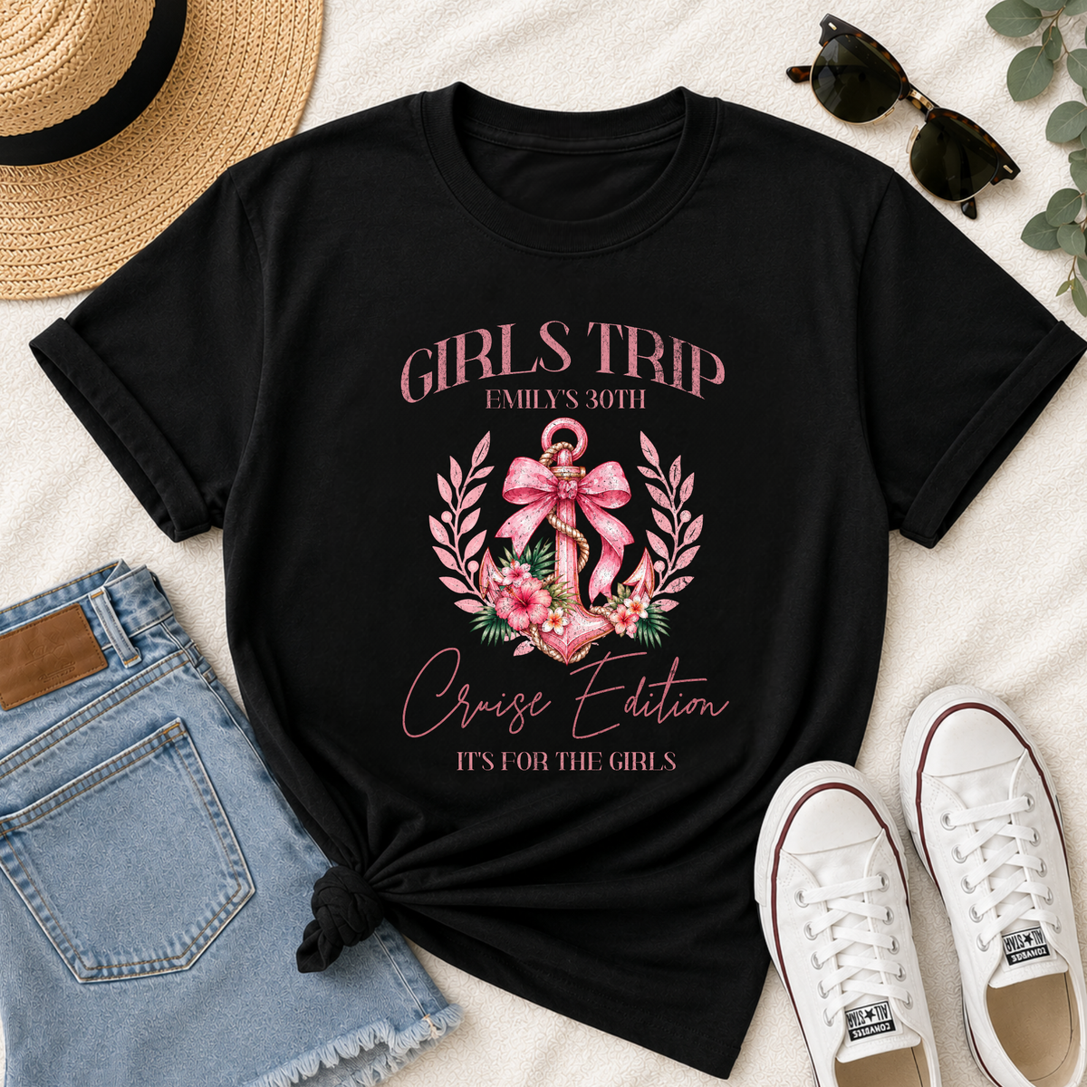 Personalised Girls Trip Cruise T-Shirt – Birthday Anchor & Bow