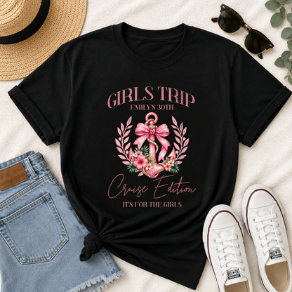 Personalised Girls Trip Cruise T-Shirt – Birthday Anchor & Bow
