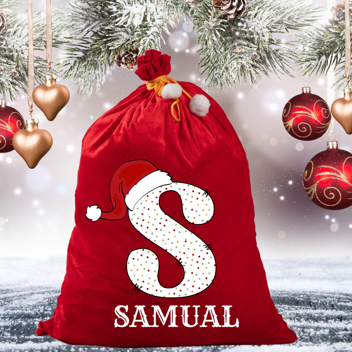 Personalised Initial Red Velvet Santa Sack with Name