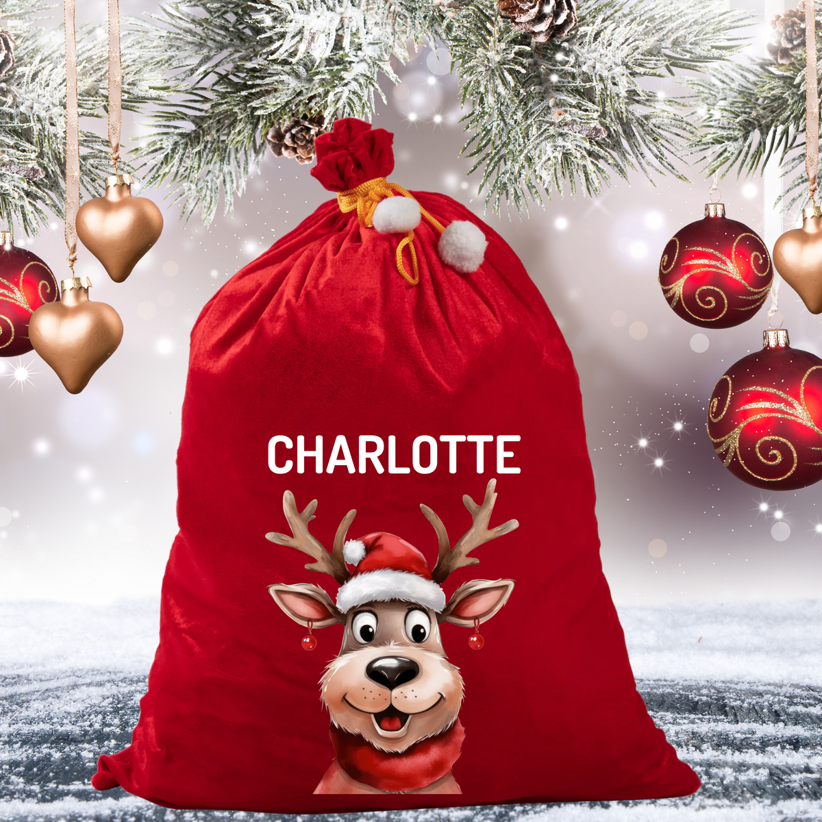 Personalised Reindeer Red Velvet Santa Sack with Name