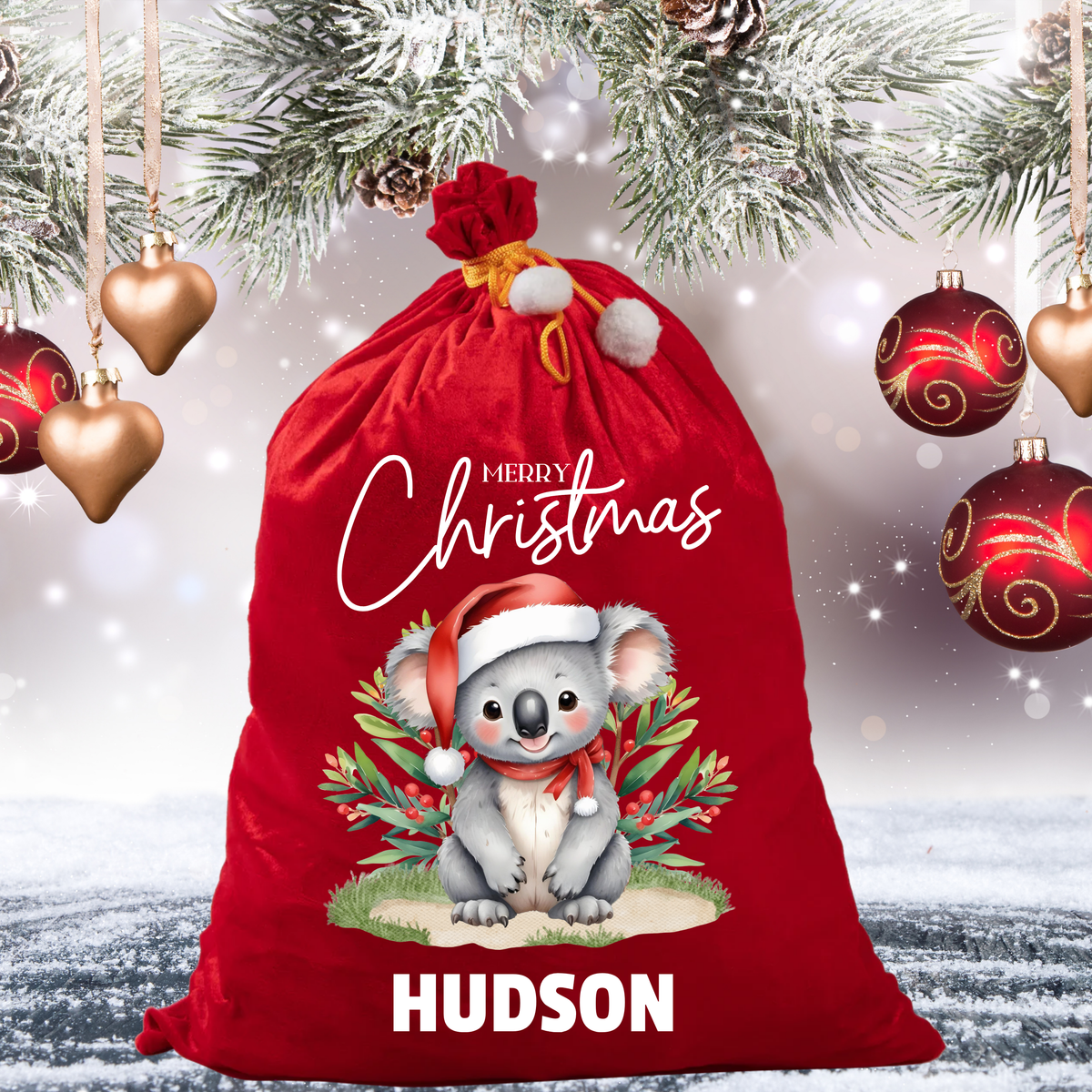 Personalised Australian Animal Red Velvet Santa Sack