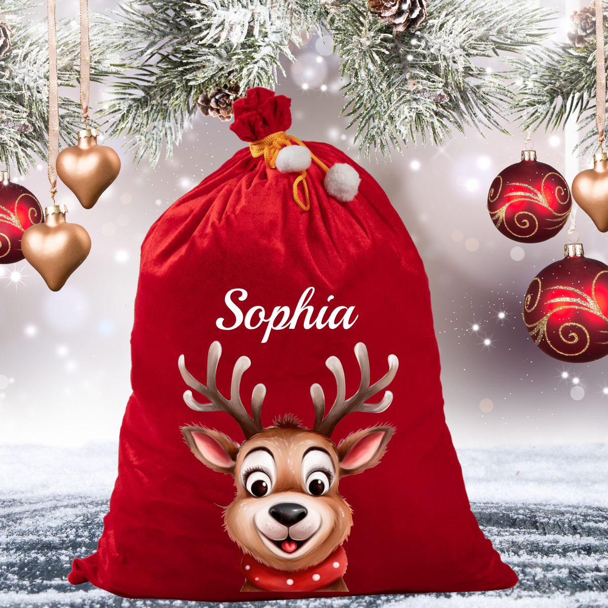 Personalised Reindeer Red Velvet Santa Sack with Name