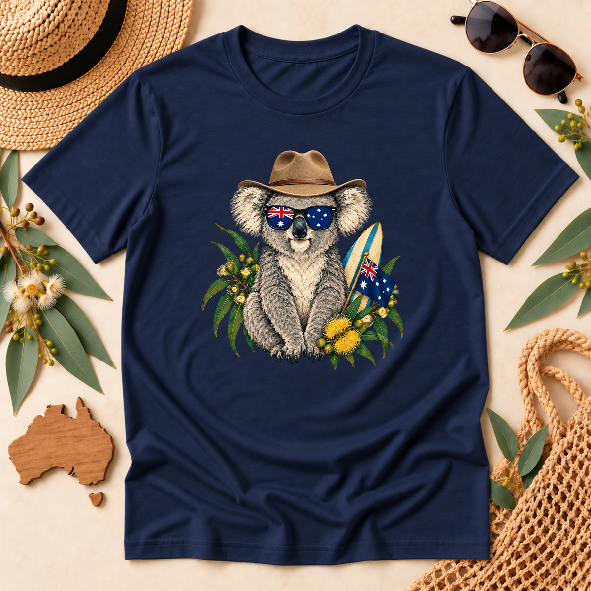 Aussie Koala T-Shirt – Australian Flag & Surfboard Design