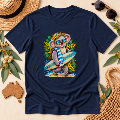 Surfing Koala T-Shirt – Australian Beach & Wattle Design