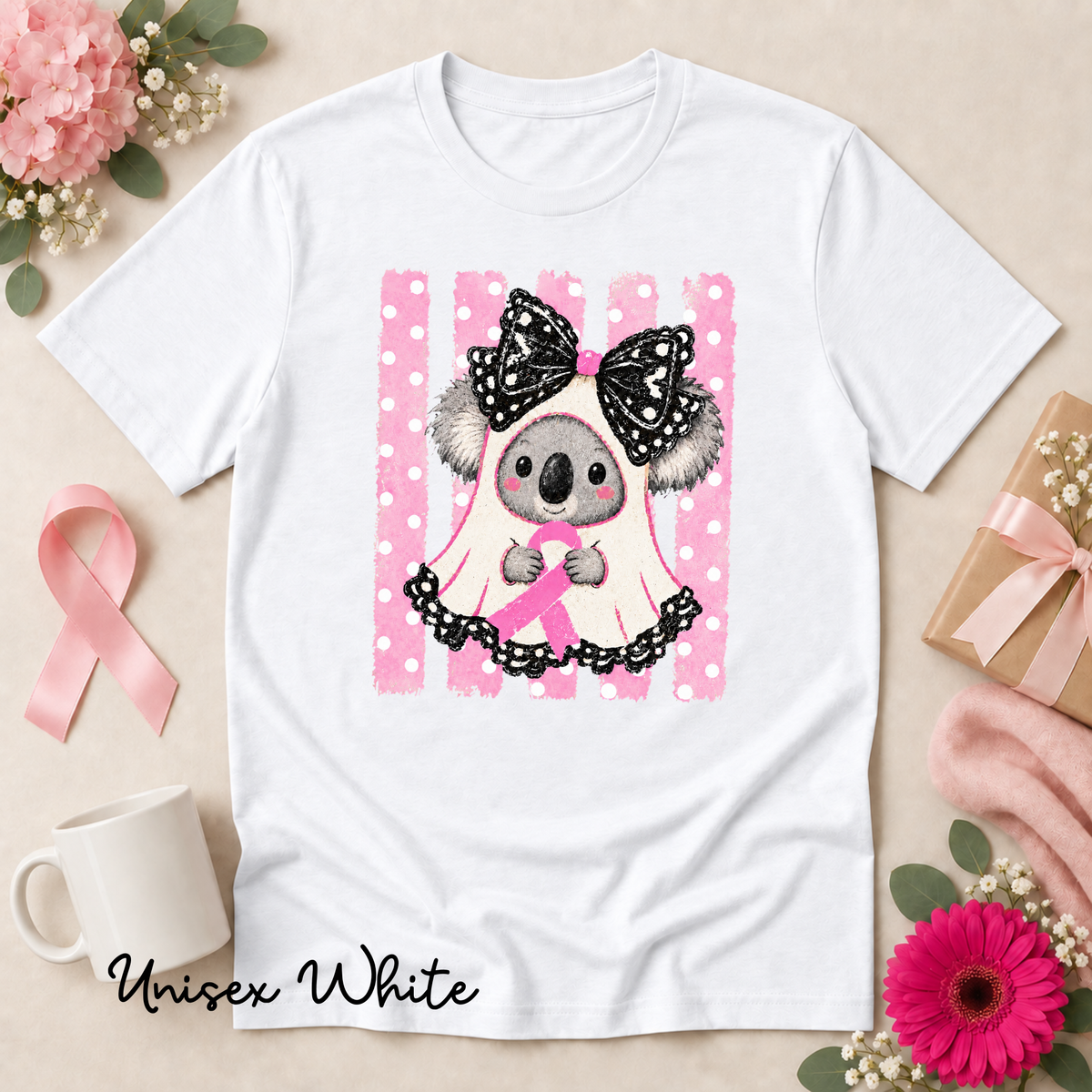 Pink Ribbon Koala Ghost Breast Cancer Awareness Halloween Shirt